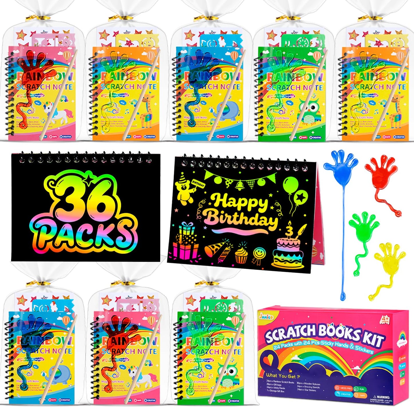 JMMICO 36*3 Packs Scratch Art Notebook+Sticky Hands+Stickers,Valentines Party Favors for Kids 4-8-12,Return Gifts for Birthday P