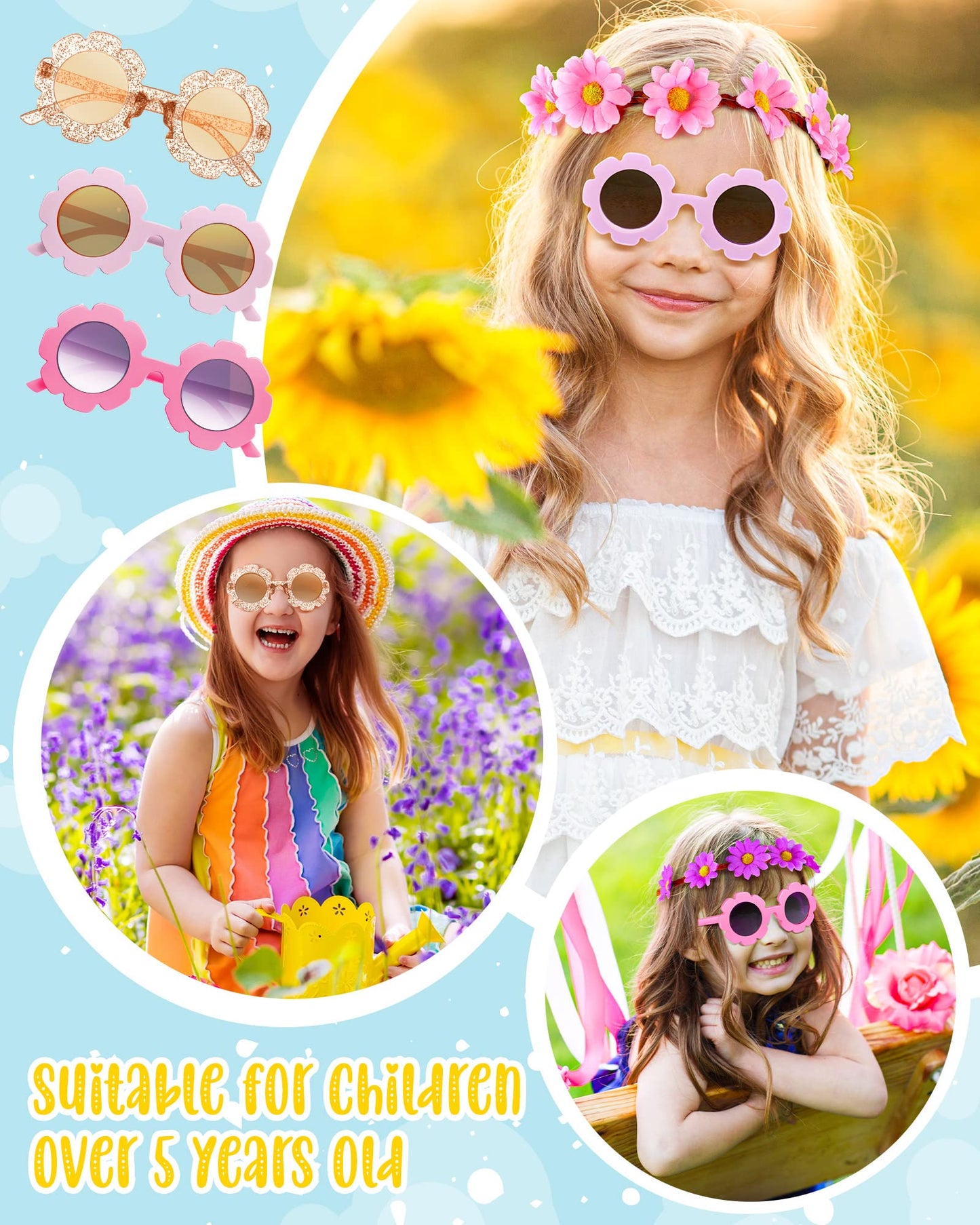Chengu Retro Flower Sunglasses Daisy Flower Headbands Set Groovy Party Decorations Hippie Party Favors (Bright Style, 32 Pieces)