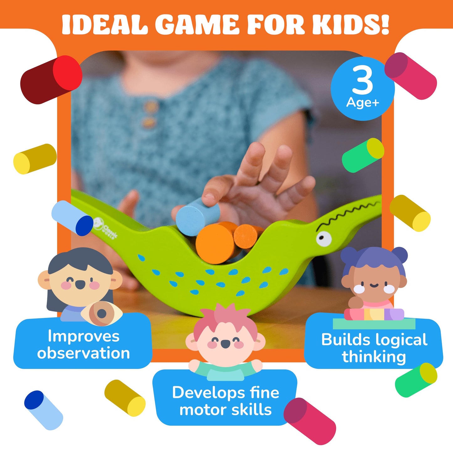 FoxMind Games Don't Rock The Croc Board Game, Multiplayer Fun for Kids 3-5, Wood, Einheitsgröße, Green/Red/Yellow/Blue