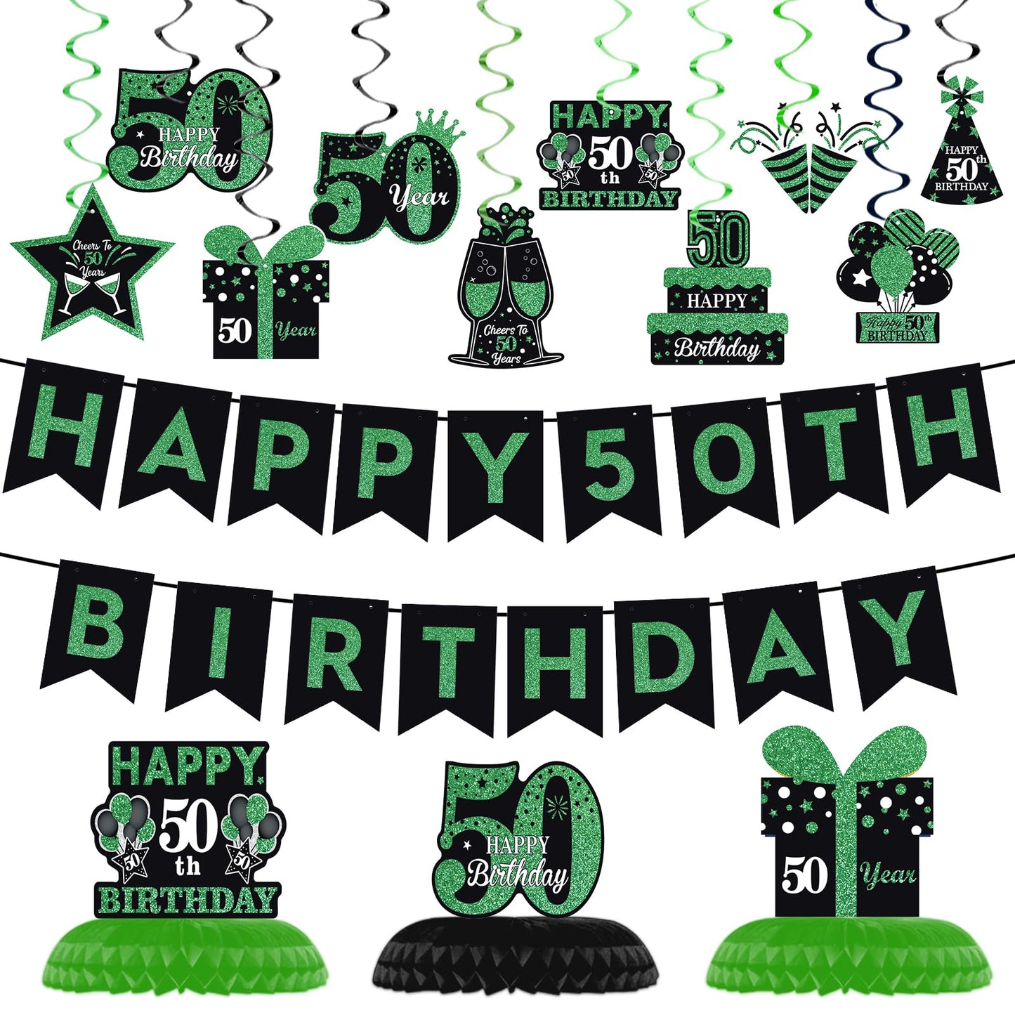 50Th Birthday Party Decorations, Green And Black Happy 50Th Birthday Decorations Hanging Swirls Banner Honeycomb Centerpieces For Men Women Happy 50 Years Old Bday Party
