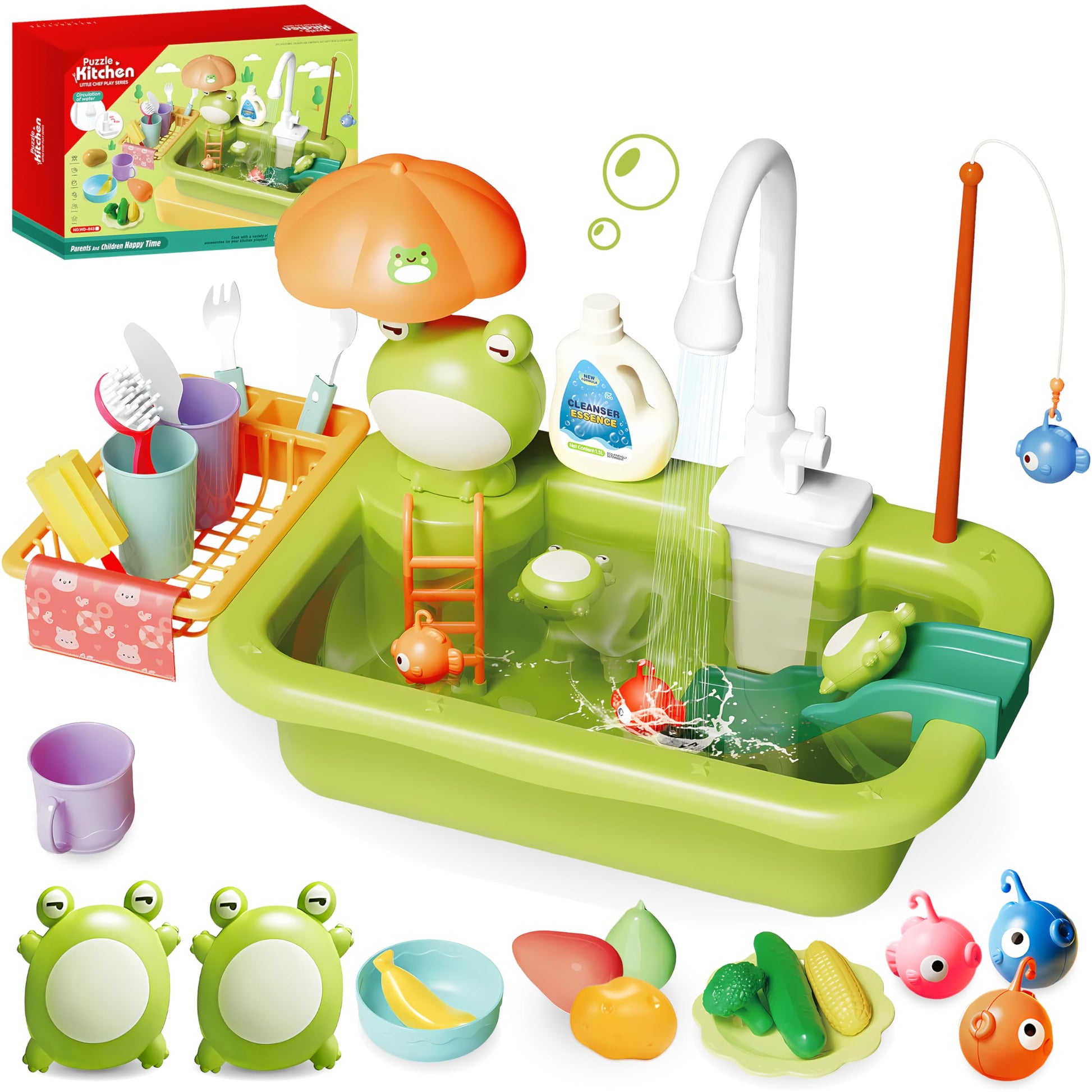 Play Sink with Running Water for Toddlers, Play Kitchen Sink Toy with Electric Faucet for Kids, Pretend Play Dishwasher Play Set