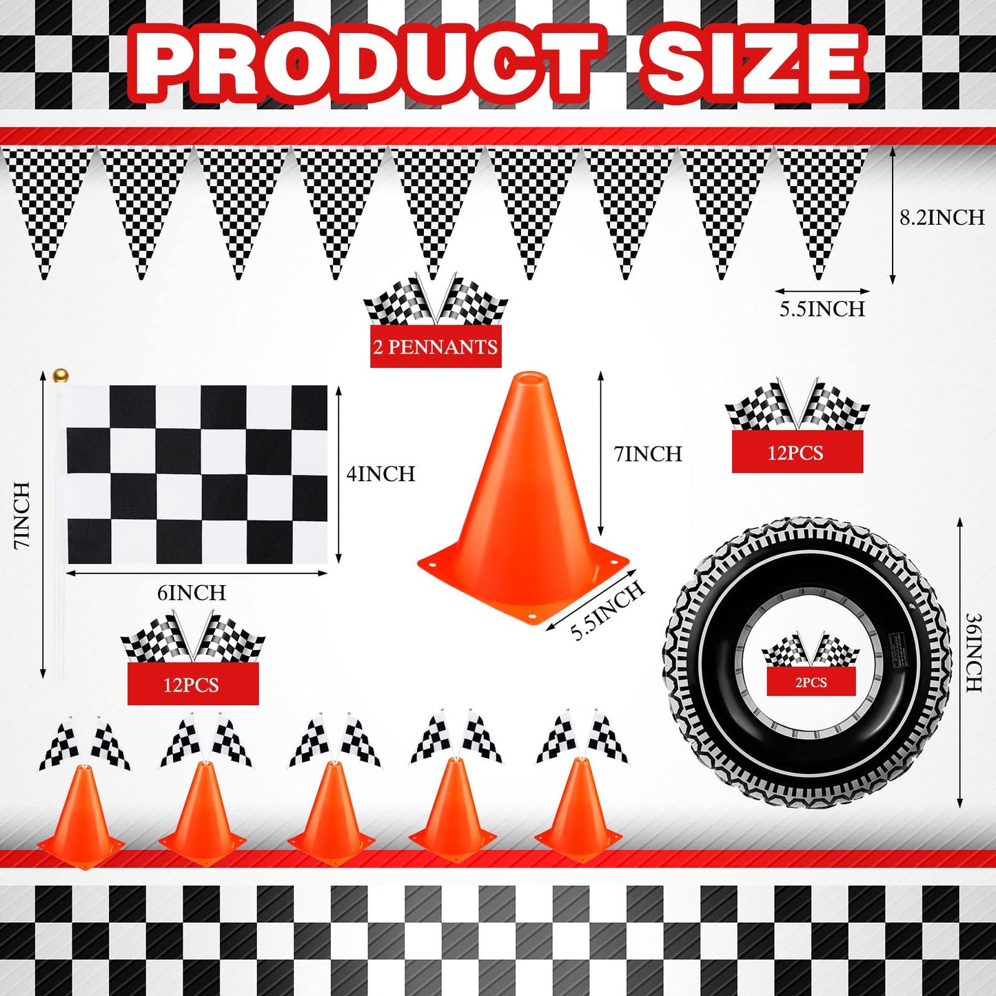 30 Pcs Checkered Racing Car Party Decorations Checked Race Flag Tablecloth Mini Traffic Cones Racing Pennant Banner Race Track Running Mat Tire Tubes Swimming For Decor (Red Tablecloth)