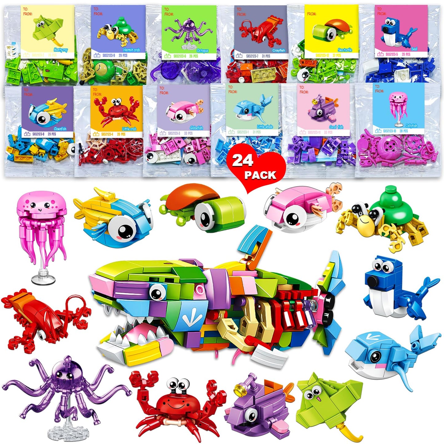 BAOXUE 24 Packs Valentines Day Cards for Kids School, Animal Building Block Set, Valentines Day Gifts for Kids Classroom Bulk, C