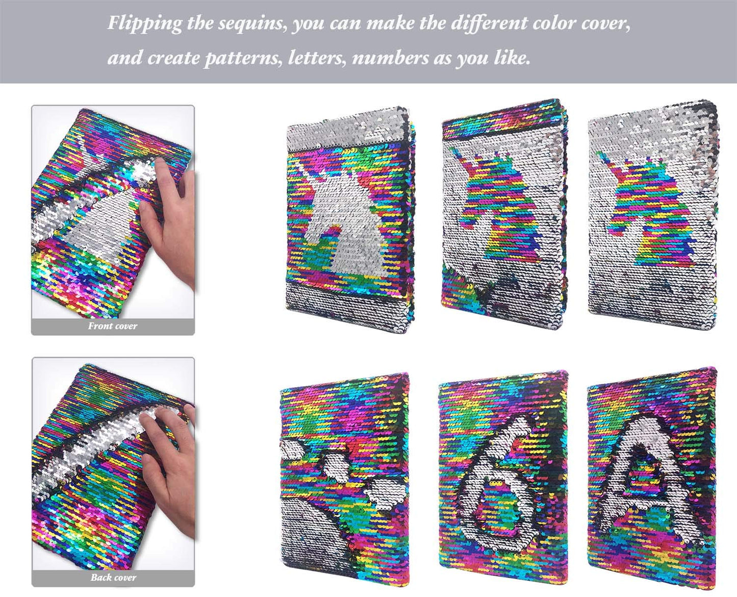 GINMLYDA Sequin Girls Journal for Kids  8.5x5.5 Inches 160 Lined Pages Diary for Girls Unicorn Reversible Flip Sequence Notebook for Teenage Pre School Writing Drawing Travel Gifts(Rainbow-Sliver)