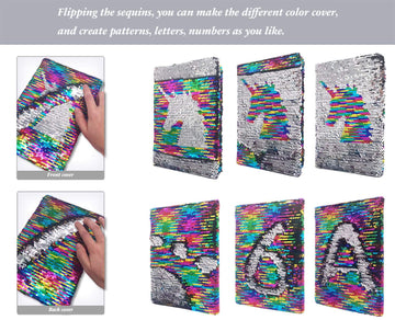 GINMLYDA Sequin Girls Journal for Kids  8.5x5.5 Inches 160 Lined Pages Diary for Girls Unicorn Reversible Flip Sequence Notebook for Teenage Pre School Writing Drawing Travel Gifts(Rainbow-Sliver)