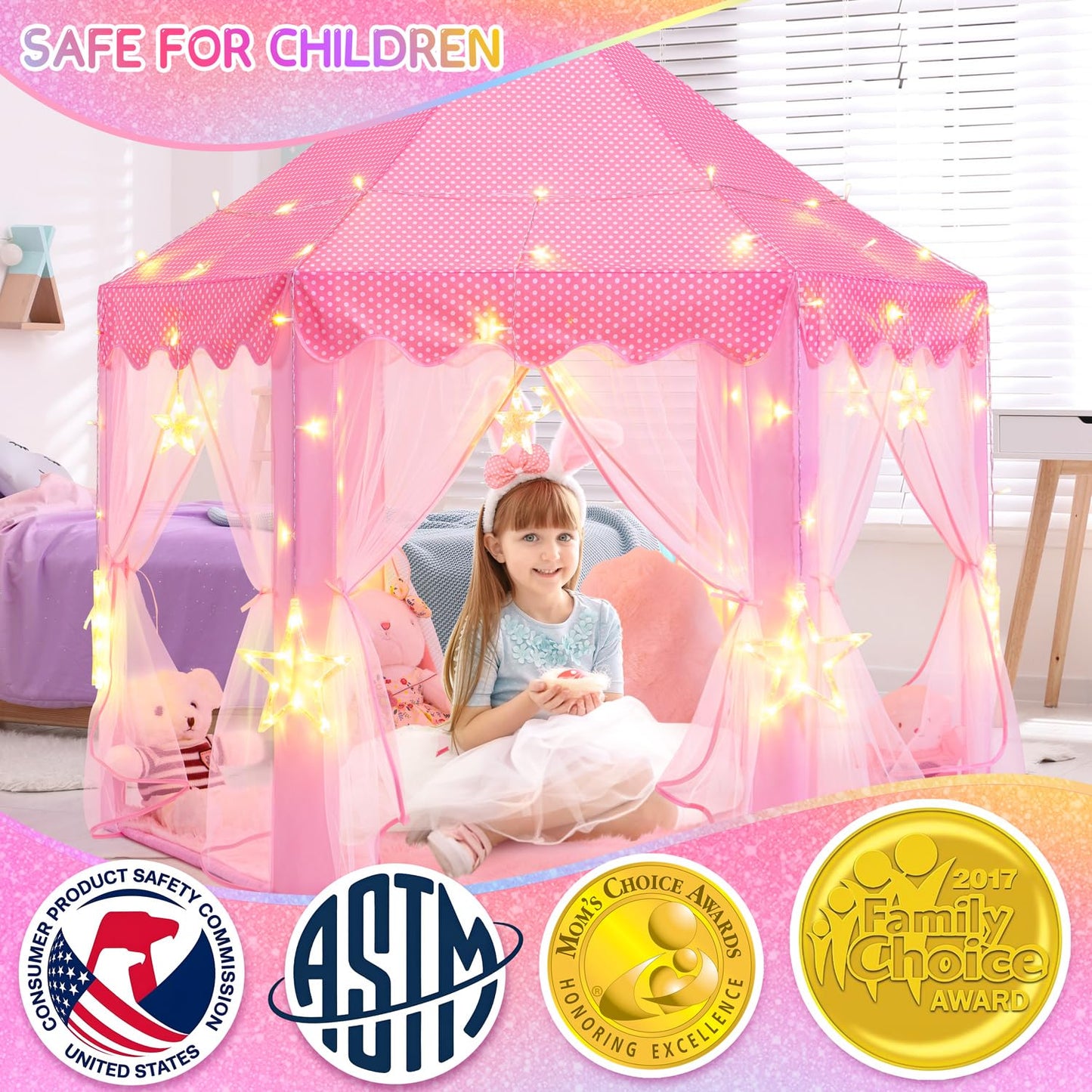 Evoionos Princess Tent For Girls, Castle Tent For Girls, Princess Castle Play Tent With Large Star Lights, Kids Tent Indoor Play