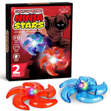 ArtCreativity Light Up Flying Ninja Stars Set, 2 Rubber Throwing Stars with Batteries, Interactive Ninja Kids Toys for Tossing, 