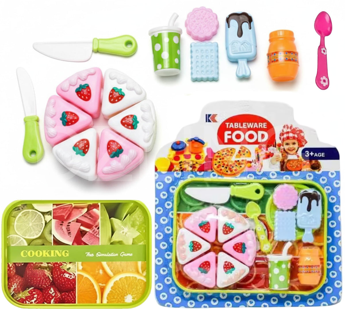 DZLING Pretend Tableware Food Kitchen Set,Colorful Pizza, Cake, Fruit Cutting Toy Set with Tableware,NonToxic Plastic, Educatio