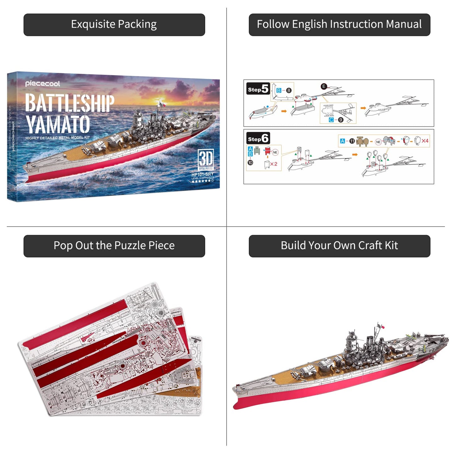 Piececool 3D Metal Puzzle Military Watercraft Model Kits, Yamato Battleship Metal Model Building Kit For Adults, Brain Teaser Diy Hobbies For Men, For Teens Boys, 245 Pcs