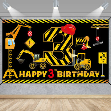 Construction 3rd Birthday Banner Decorations for Boys Kids, Dump Truck Construction Theme Three Birthday Party Supplies, Excavat