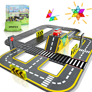 Drofex Upgraded Magnetic Tiles Road & Train Dual-Sided Expansion Pack, Magnetic Building Blocks Construction Toys For 3+Year Old