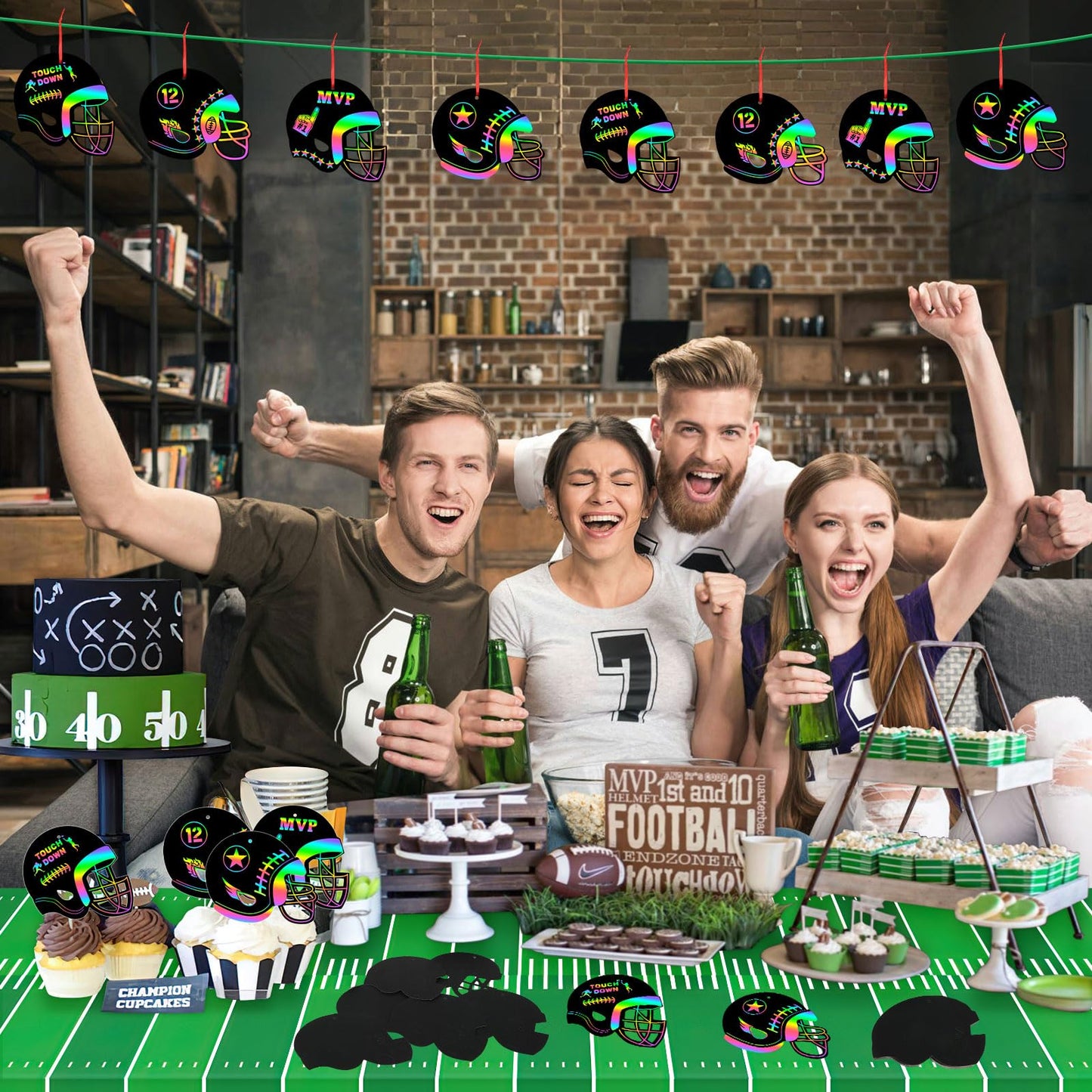 JULMELON 36 PCS Football Crafts for Kids, Rainbow Scratch Paper Art for Kids Football Party Favors Football Helmet Scratch Off C