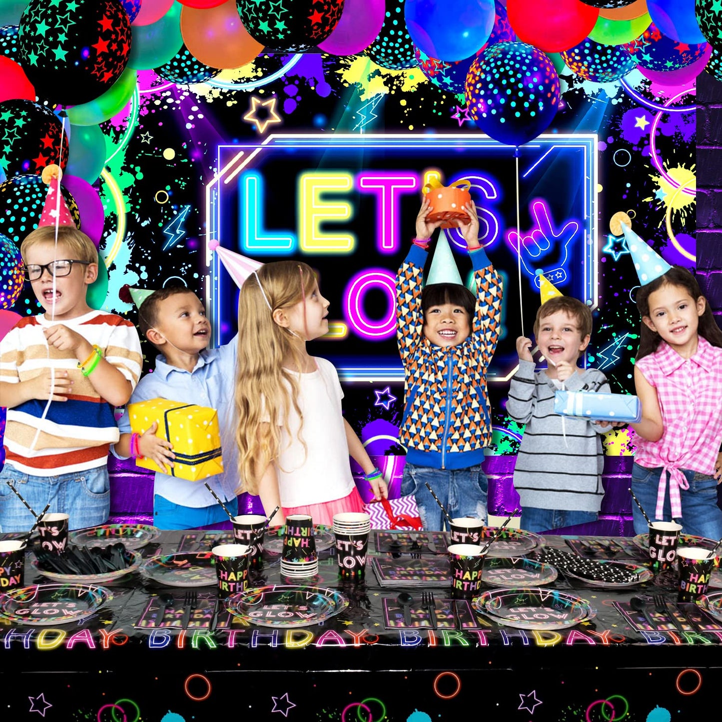Glow Neon Party Supplies - Glow In The Dark Birthday Let'S Glow Backdrop Banner, Plates, Glow Sticks, Tablecloths, Cups, Napkins, Neon Balloons, For Blacklight Party Decorations Serves 20 (Set A)