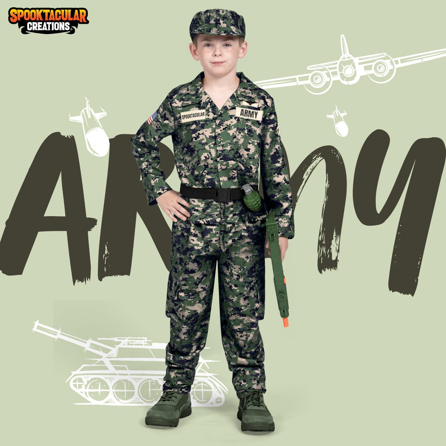 Spooktacular Creations Boys Army Costume, Military Costume For Kids, Dark Green Camo Soldier Outfit Set With Toy Accessories For Toddler Halloween Dress Up Themed Party (Medium, 8-10 Yrs)