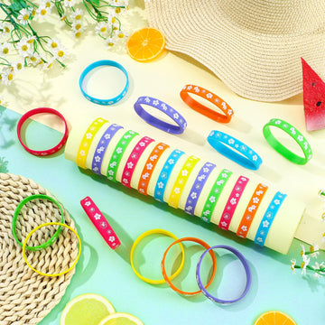 Landical 24 Pcs Hibiscus Birthday Decorations Silicone Bracelets Hawaiian Themed Bracelets Summer Tropical Gift for Tiki Luau Ba