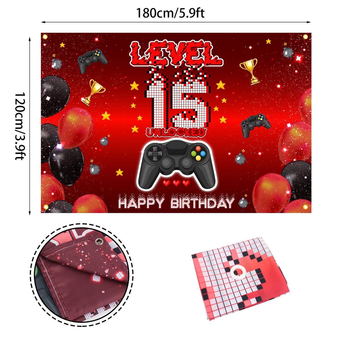 Level 15 Unlocked Backdrop Banner Decorations Video Game On Happy 15th Birthday for Boys Kids Red and Black 15 Years Old Level U