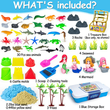Tcvents Sensory Bins, Ocean Mermaid Sensory Bin Toys Sand Box for Kids Ages 3 4 5 6 7 8 9 Include 2.64lbs Magic Sand, 6 Castle M
