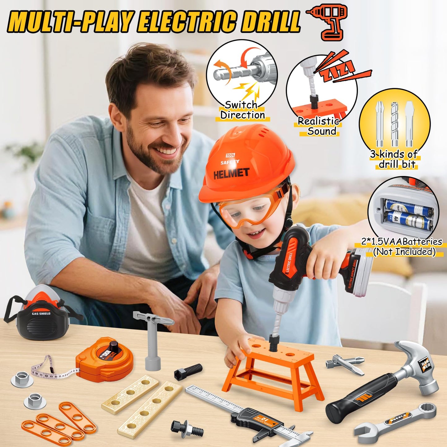 Kids Tool Set Toys, 48 Pcs Toddler Tool Set with Portable Tool Box, Electronic Toy Drill & Electric Chainsaw, Construction Tools