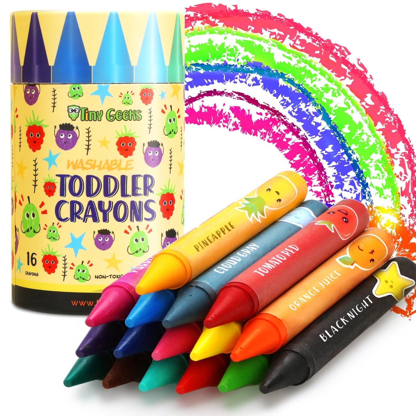 TinyGeeks 16 Colors Jumbo Crayons + Non Toxic Crayons for Toddlers 1-3 | Washable for Kids Ages 4-8 | Easy To Hold & Large | For