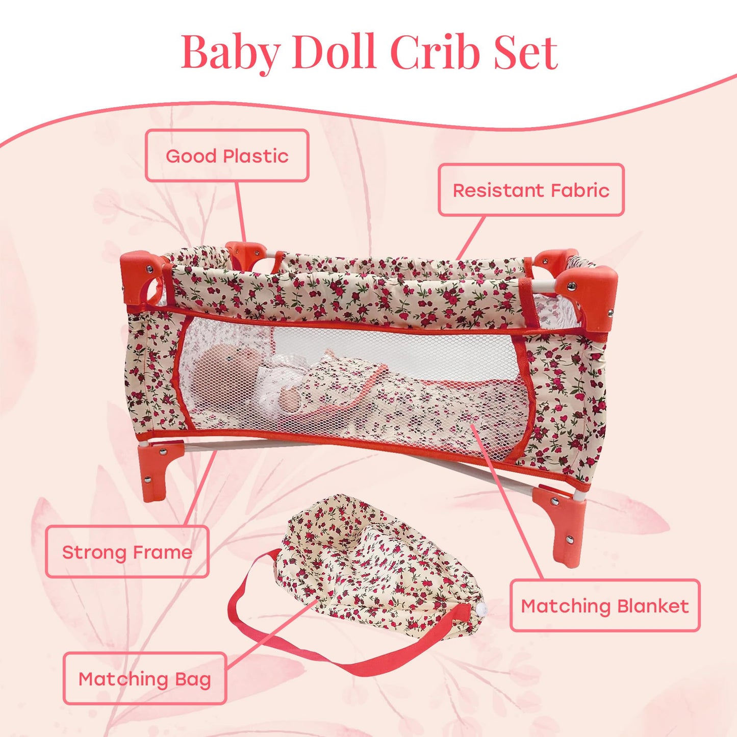 The New York Doll Collection Baby Crib Set For Little Girls, Play Bed, Pack And Beds 18 Inch Dolls, Toy Doll, (Floral)