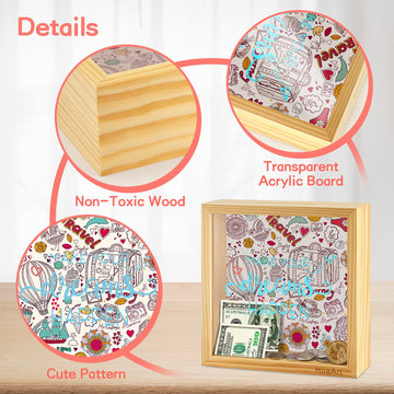 Piggy Banks For Adults,Bigger Wooden Safe Money Savings Bank Box For Kids, Coin Bank Money Bank,Natural Wood Money Box, Printed On The Plexiglass Front-Make Your Dreams Happen, Sized (8X8X2.4 Inch)