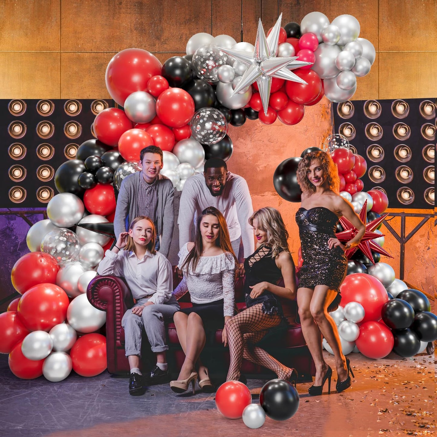 Bonropin 161Pcs Red And Black Balloon Arch Kit With Explosion Star Balloons, 5/10/12/18In Red Black And Metallic Silver Balloons