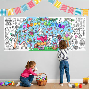 AUGSUN Easter Bunny Large Coloring Poster for Kids 72 x 30 Inch Happy Easter Coloring Tablecloth Giant with 18 Paint Pens for Cr