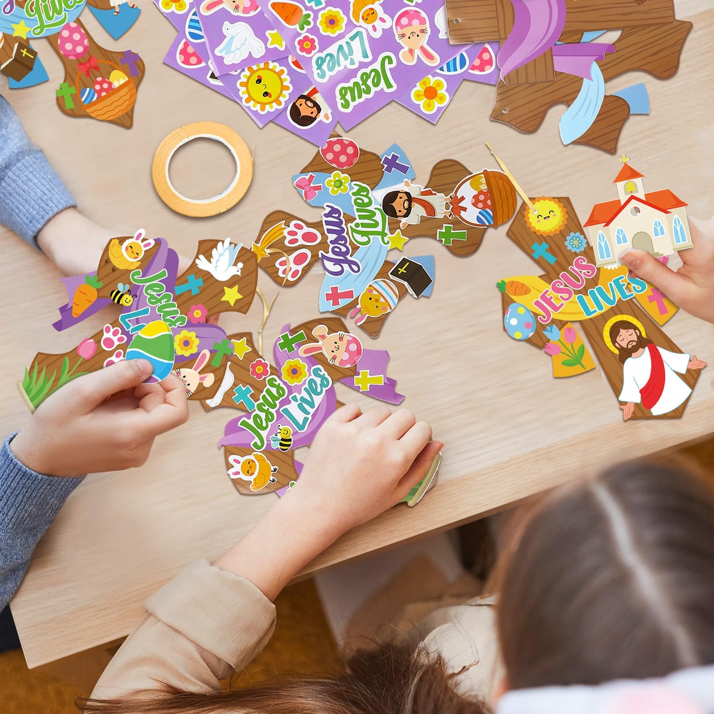 Watersay 48 Set Religious Easter Craft Kit DIY Christian Cross Crafts Sticker Make Your Own Jesus Ornament for Sunday School VBS