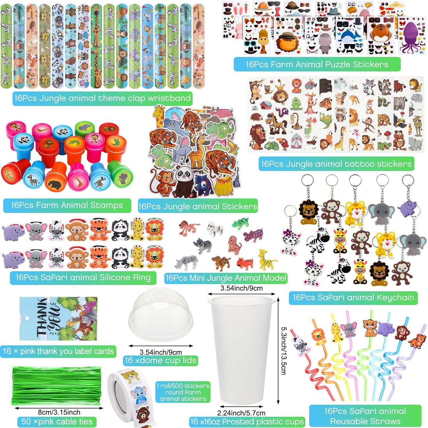 Poen 212 Pcs Jungle Party Favors Set Include Cup Straw Stamp Clap Bracelet Keychain Ring Puzzle Sticker Animal Miniature Card fo