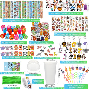 Poen 212 Pcs Jungle Party Favors Set Include Cup Straw Stamp Clap Bracelet Keychain Ring Puzzle Sticker Animal Miniature Card fo