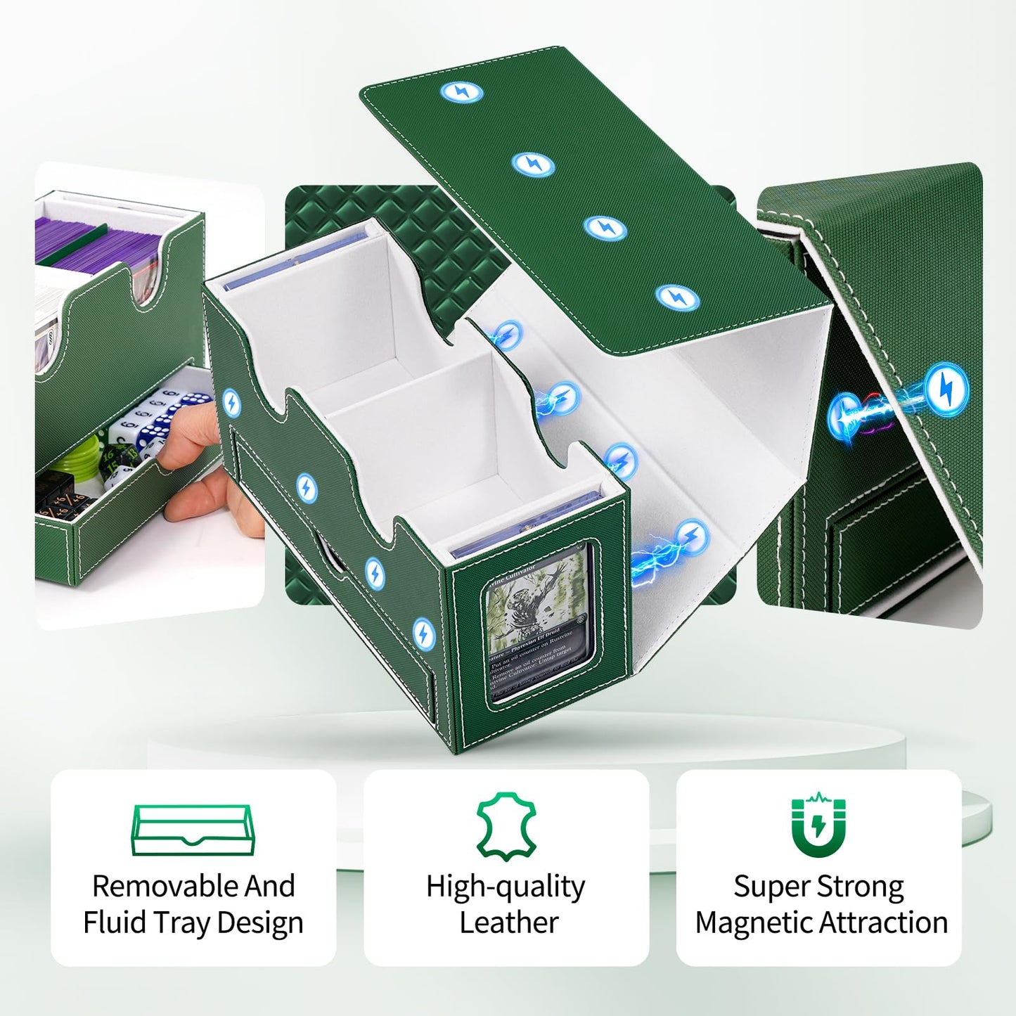 UAONO Card Deck Box for MTG, Double Card Storage Box with 2 Commander Display & 1 Dice Tray, Fits 200+ Double Sleeved Cards, Org