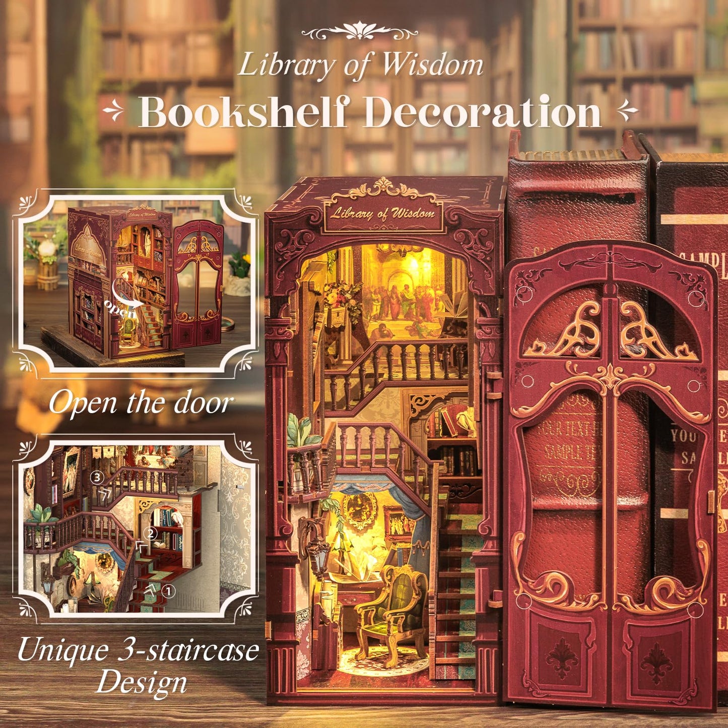 CUTEBEE Book Nook Kit - DIY Miniature House Dollhouse Kit for mature-themed and Teens  Booknook Bookshelf Decor Alley Model Build with LED Light  Gifts for Family and Friends (Library of Wisdom)