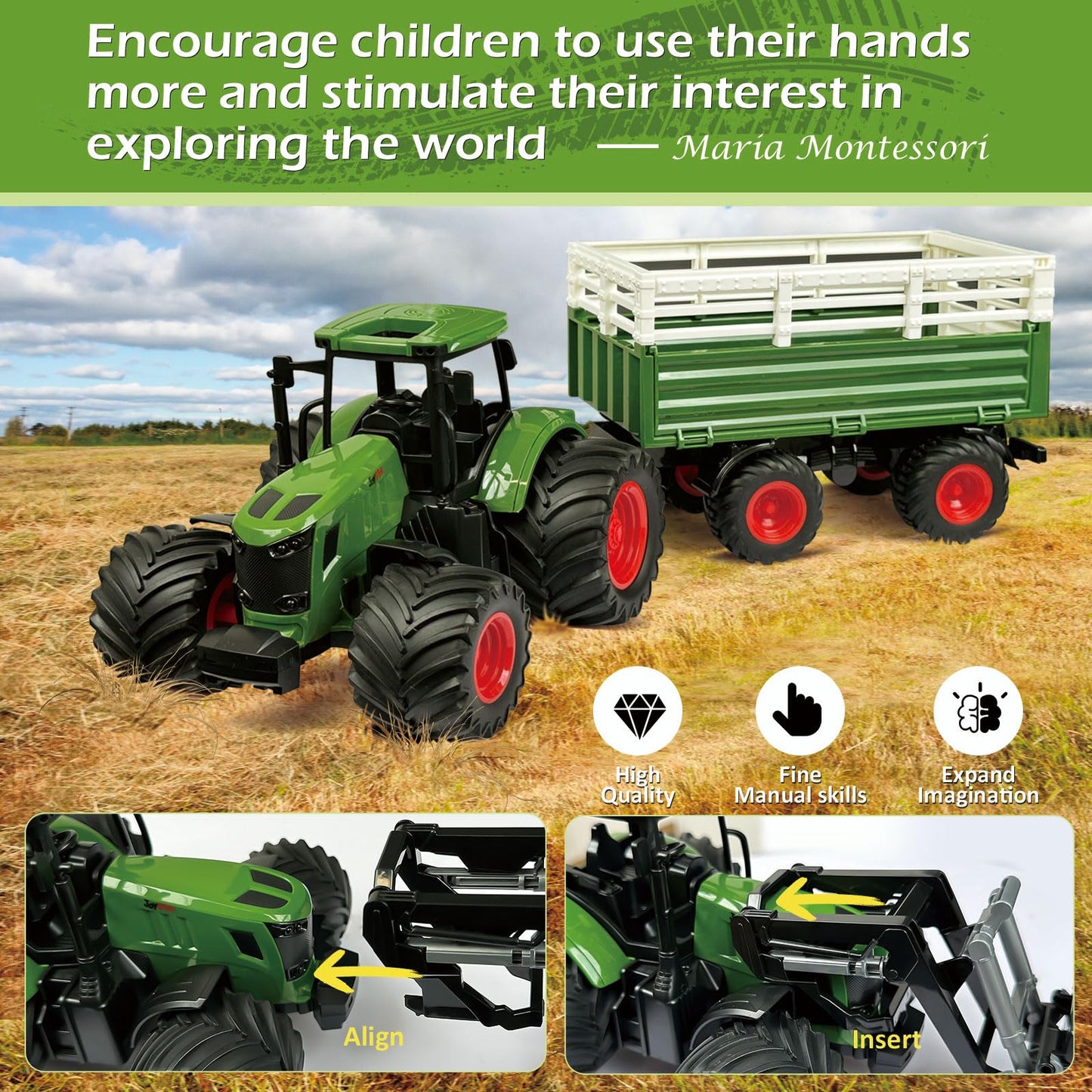 Joylike Farm Tractor Playset, 62 Pcs Farm Toy Set For Kids With 1/24 Tractor, Dumpable Traile, Bale Grapple, Big Barn, Farm Life