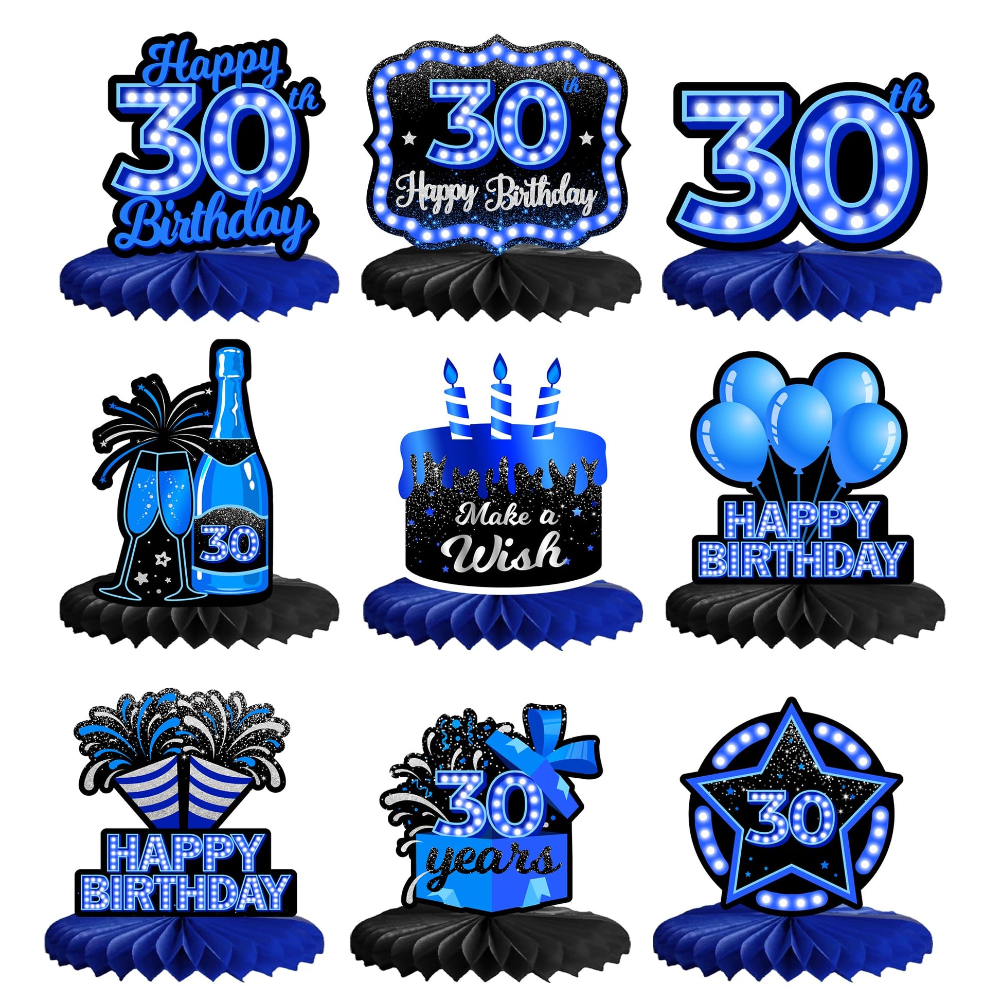 Happy 30th Birthday Honeycomb Centerpieces 9Pcs Stylish Sophisticated Blue Neon Theme Table Decor for Boys Girls Birthday Party 
