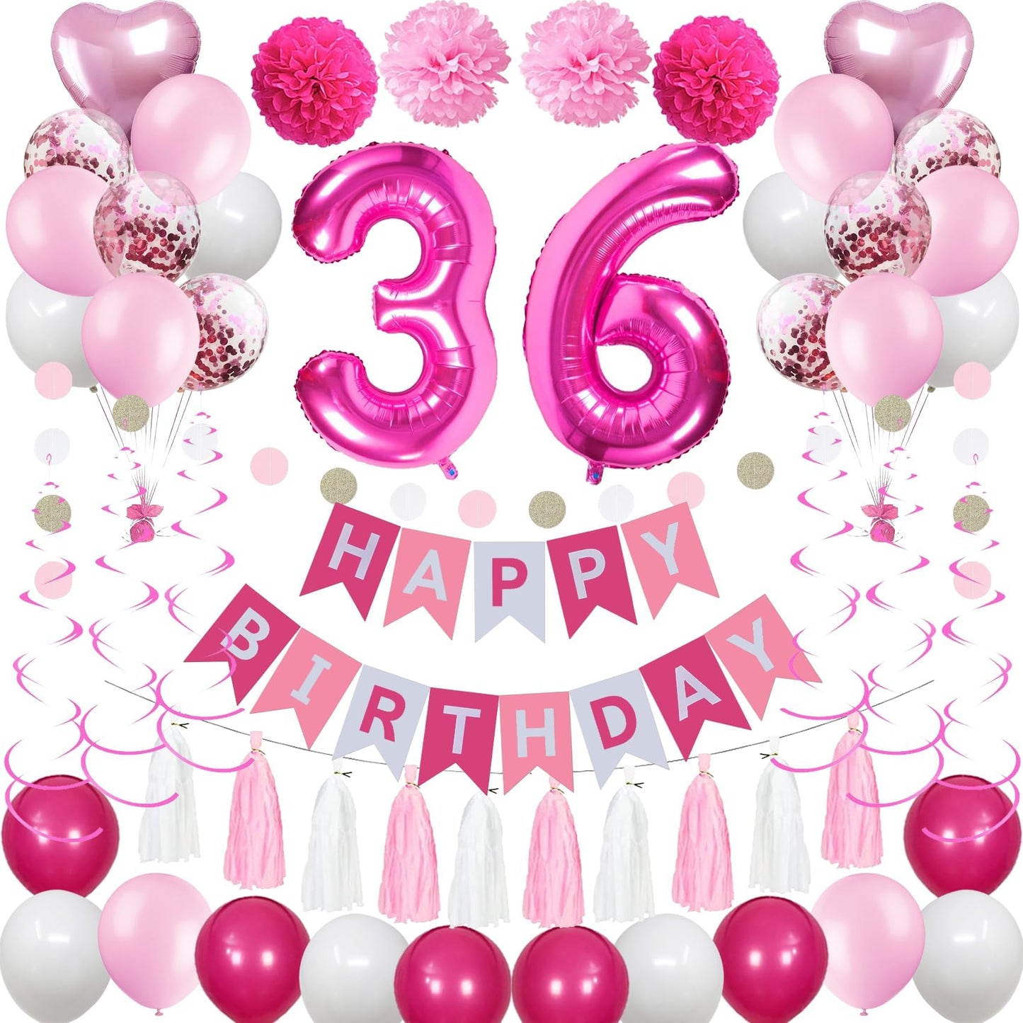 Sweet 36Th Birthday Decorations For Women, Pink And White 36 Happy Birthday Balloons, 36Th Birthday Party Supplies Including Pin