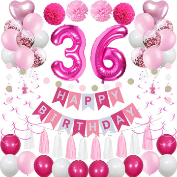 Sweet 36Th Birthday Decorations For Women, Pink And White 36 Happy Birthday Balloons, 36Th Birthday Party Supplies Including Pin