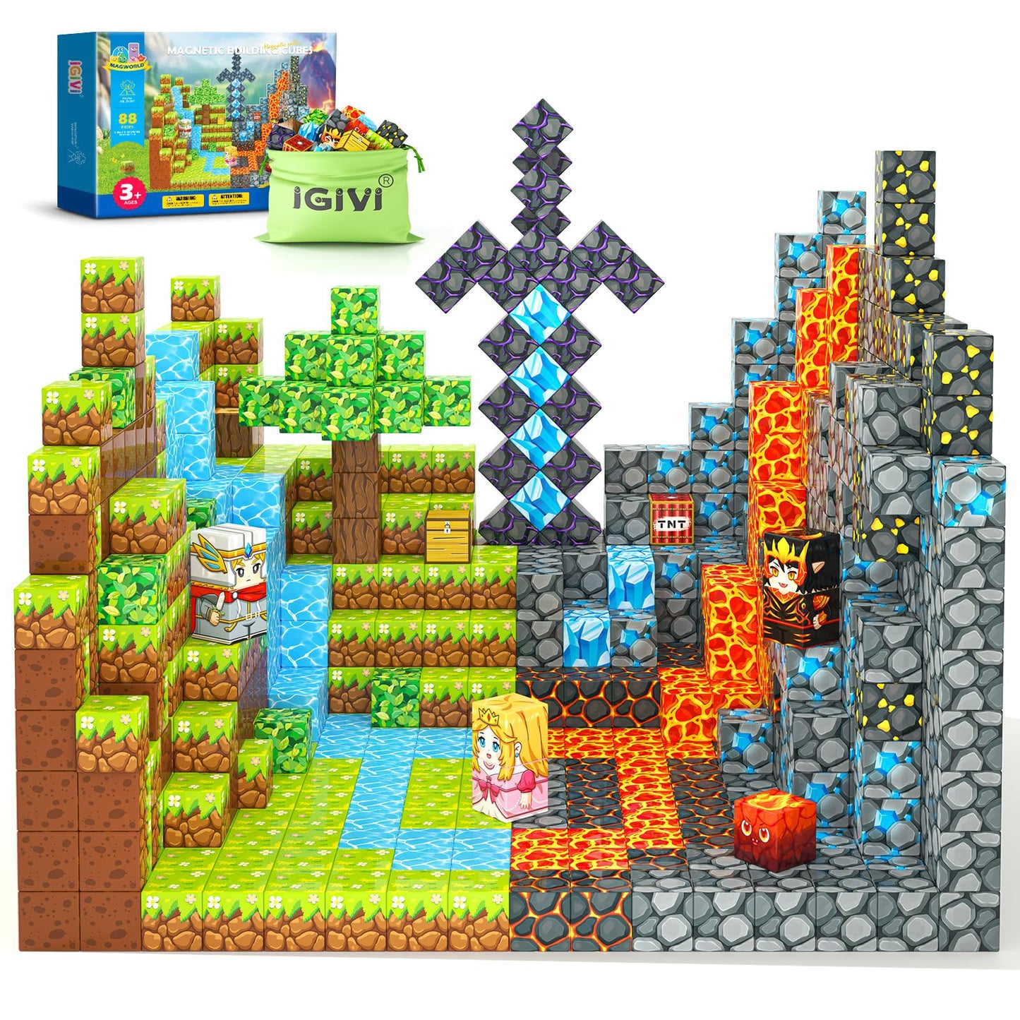 IGIVI Magnetic Blocks - Build Mine Magnet World Lava Valley Set, 1'' Magnetic Cube Building Toys for Kids Ages 3+, Montessori Se
