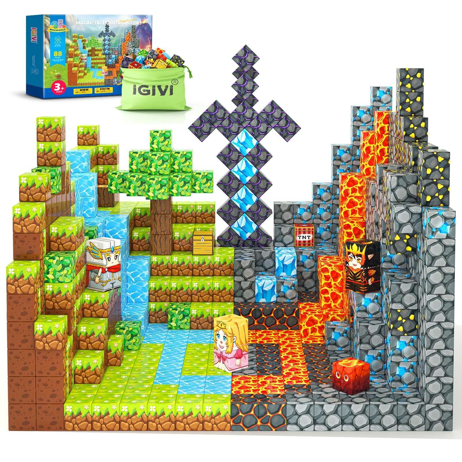 IGIVI Magnetic Blocks - Build Mine Magnet World Lava Valley Set, 1'' Magnetic Cube Building Toys for Kids Ages 3+, Montessori Se
