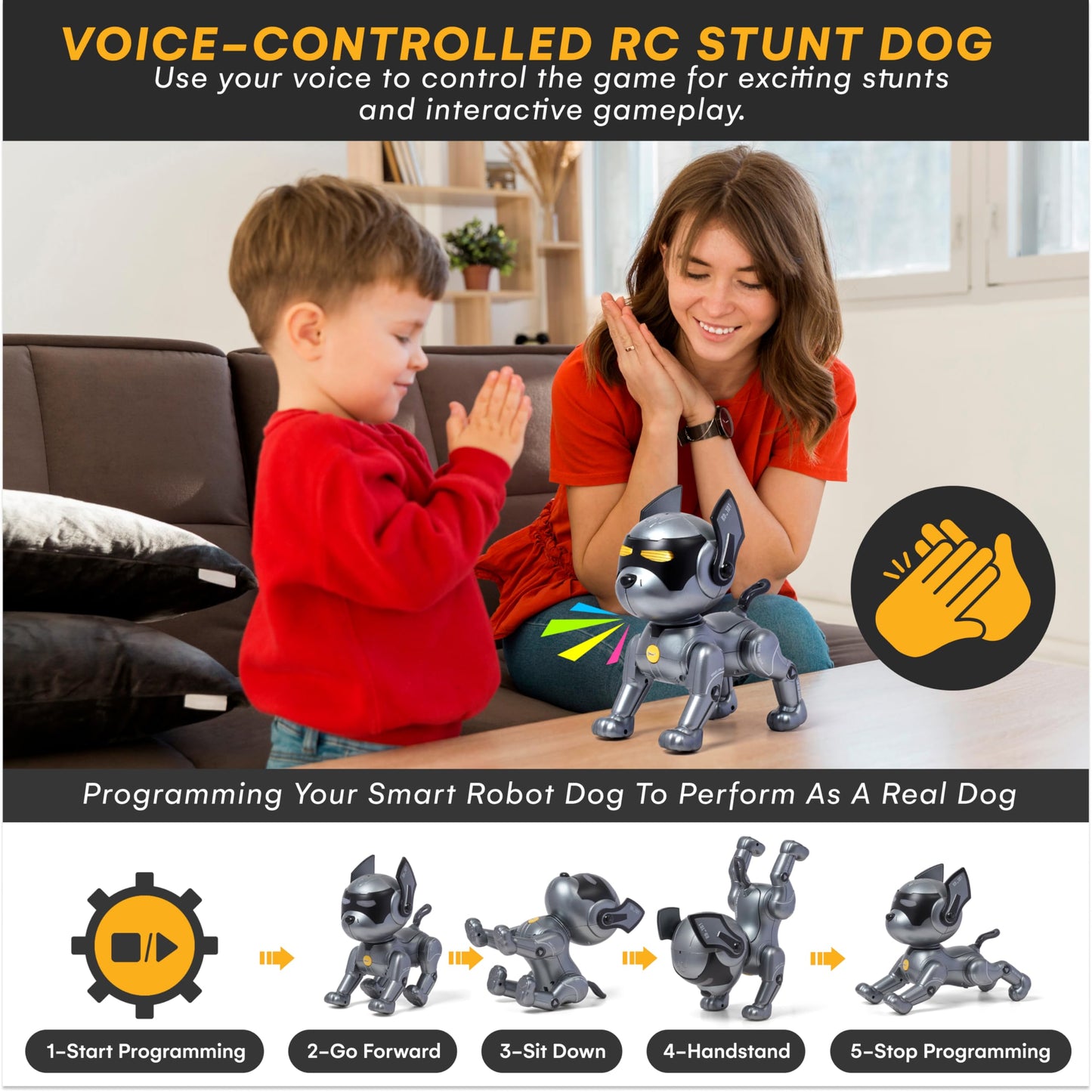 Top Race Robot Dog Toy - Interactive Fun And Educational Stem Remote Control Robot Toy For Kids - Dances, Sits, Stands, Barks, Walks - Rechargeable - Plastic Pet Robot - Dark Grey