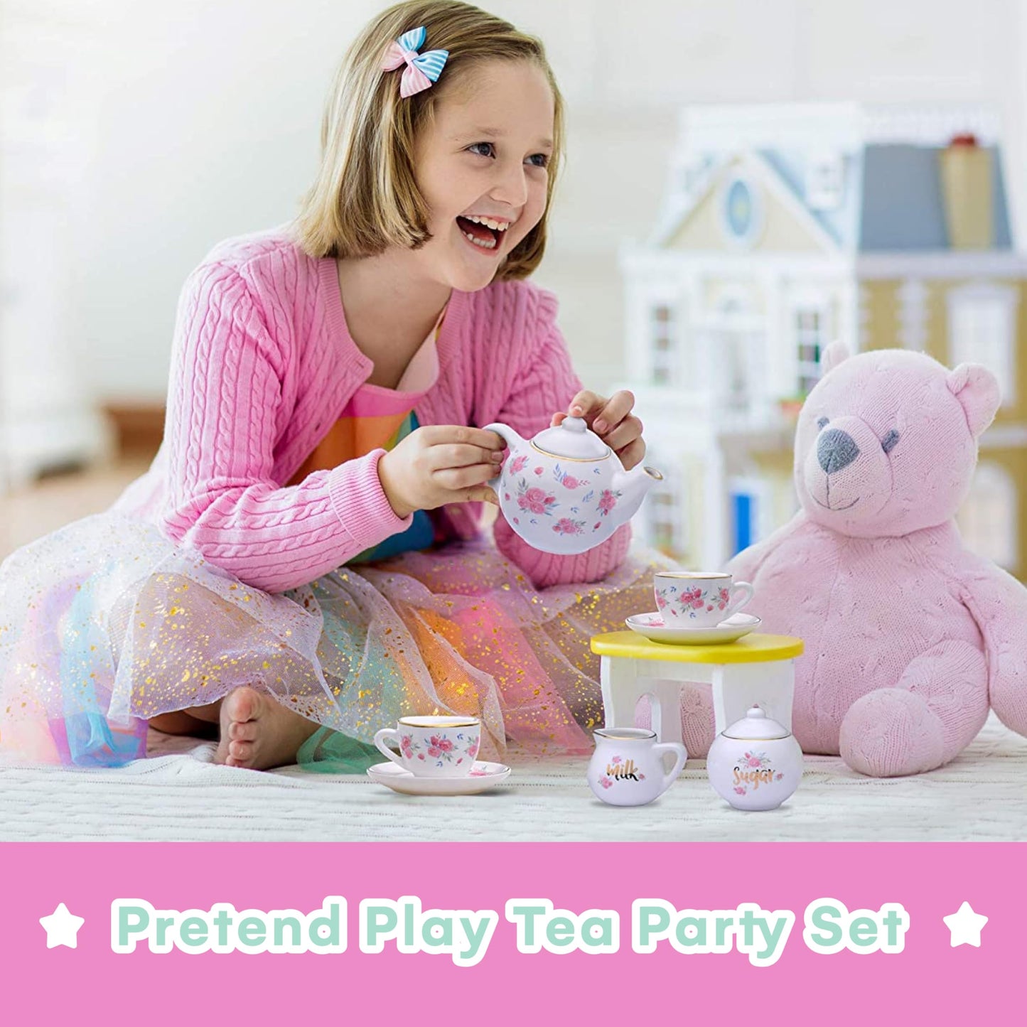 Jewelkeeper Porcelain Tea Set for Girls - 13 Pieces, Pink Ceramic Cups, Floral Design, Ideal Gift for Ages 3+ - Model D1301