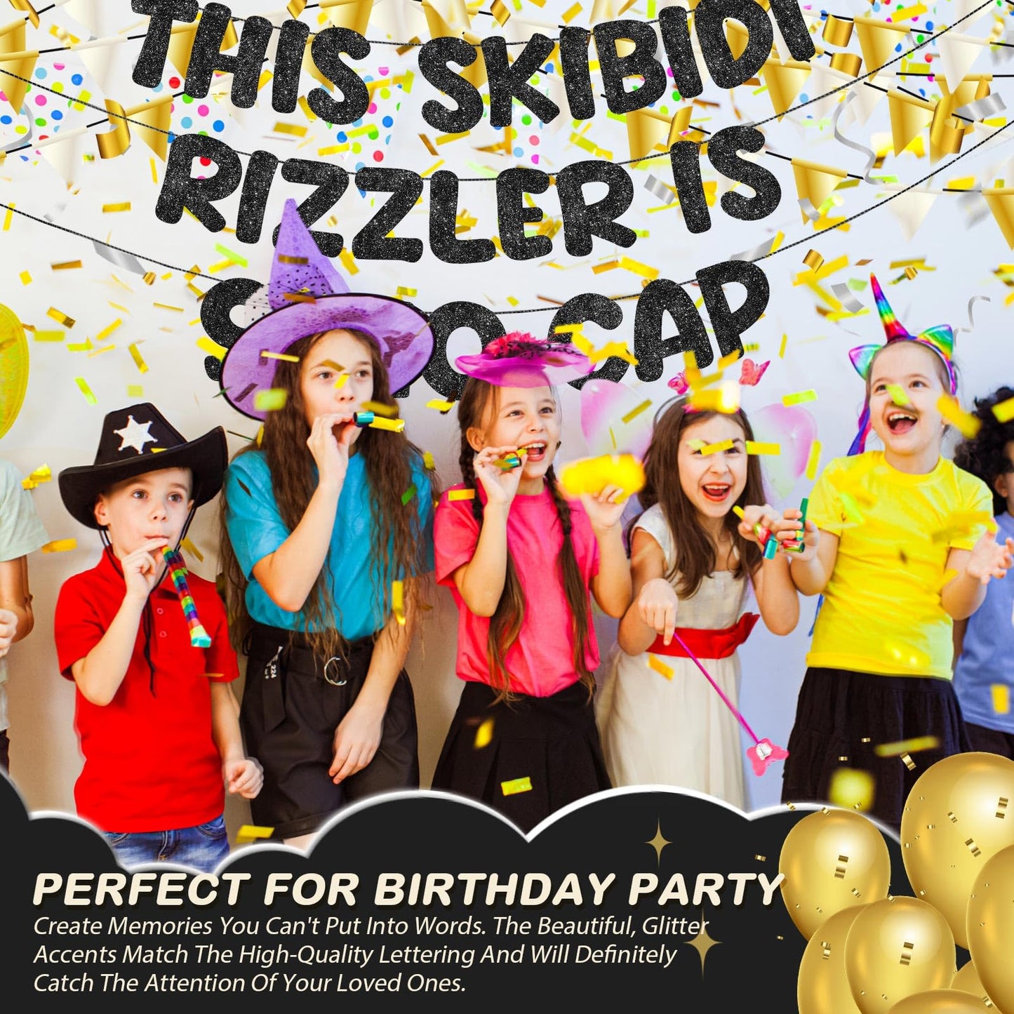 Fulmoon Pre Strung This Skibidi Rizzler Is 9 No Cap Glitter Banner 9th Birthday Party Decorations, Funny Birthday Sign, Party Su