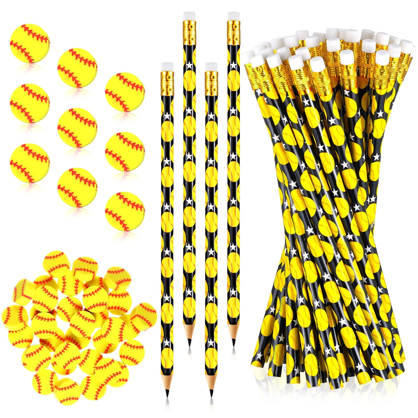 Tinlade 72 Pcs Sports Pencils And Erasers For Kids Fun Wooden Pencils For Kids Boys Sports Themed Birthday Party Favors Students Stationery Party School Office Supplies(Softball)