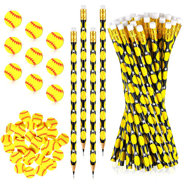 Tinlade 72 Pcs Sports Pencils And Erasers For Kids Fun Wooden Pencils For Kids Boys Sports Themed Birthday Party Favors Students Stationery Party School Office Supplies(Softball)