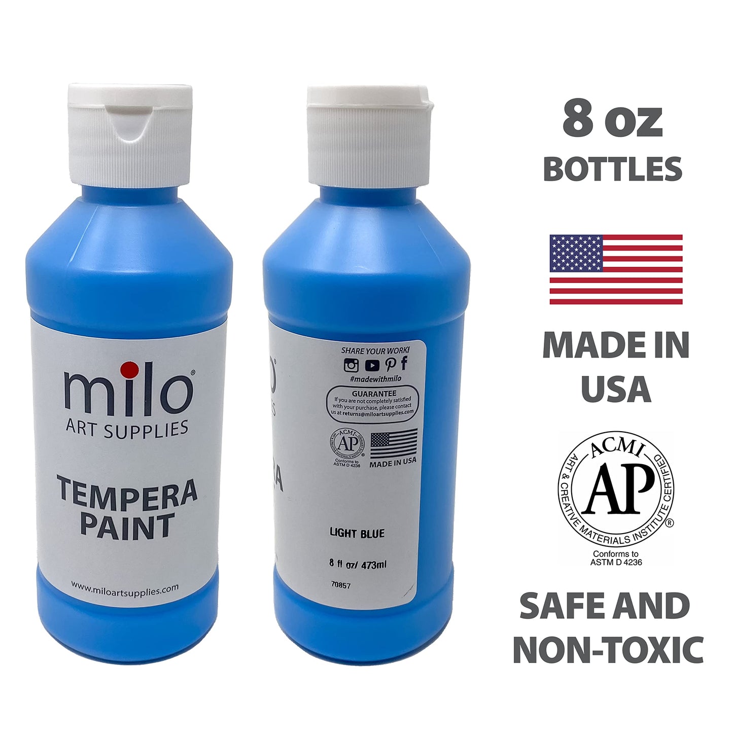 Milo Tempera Paint Set Of 12 Colors | 8 Oz Bottles | Made In The Usa | Washable And Non-Toxic Art & Craft Poster Primary Paints