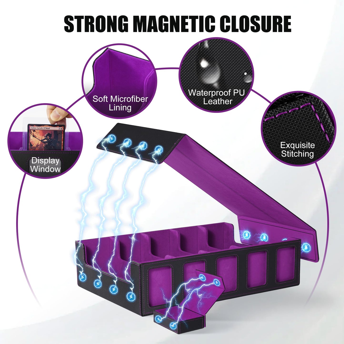 Trading Card Storage Box with Commander Display   5-Row Deck Case with Removable Lid; 3900+ Card Deck Box for MTG TCG Sports Card  5 Toploaders  5 Stoppers  48 Dividers 1 Dice Tray (Black Purple)