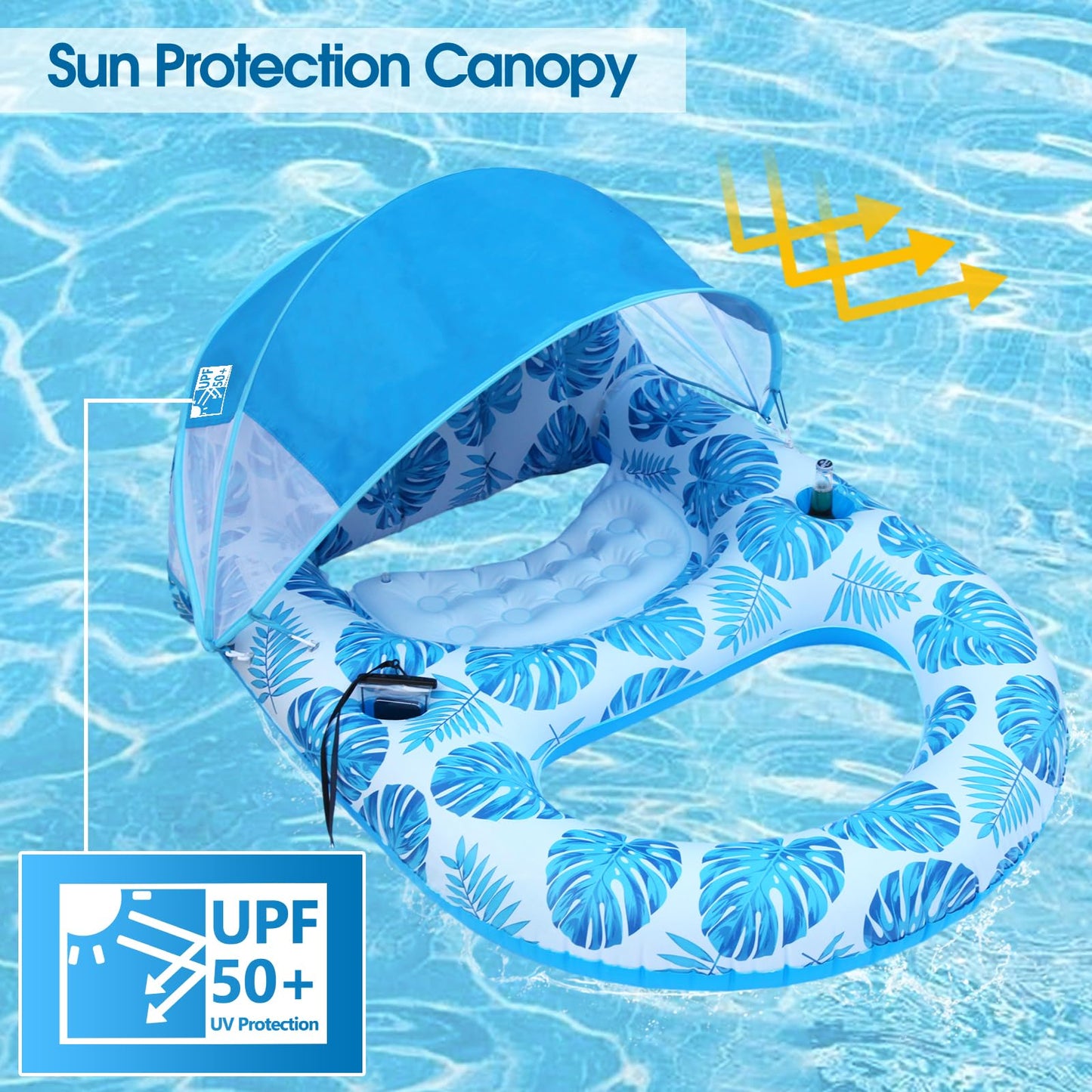 COOLCOOLDEE Inflatable Pool Lounge Float with Canopy, UPF50+, Extra Large, Blue, Model CCD04, Heavy Duty with Cup Holder & Backrest