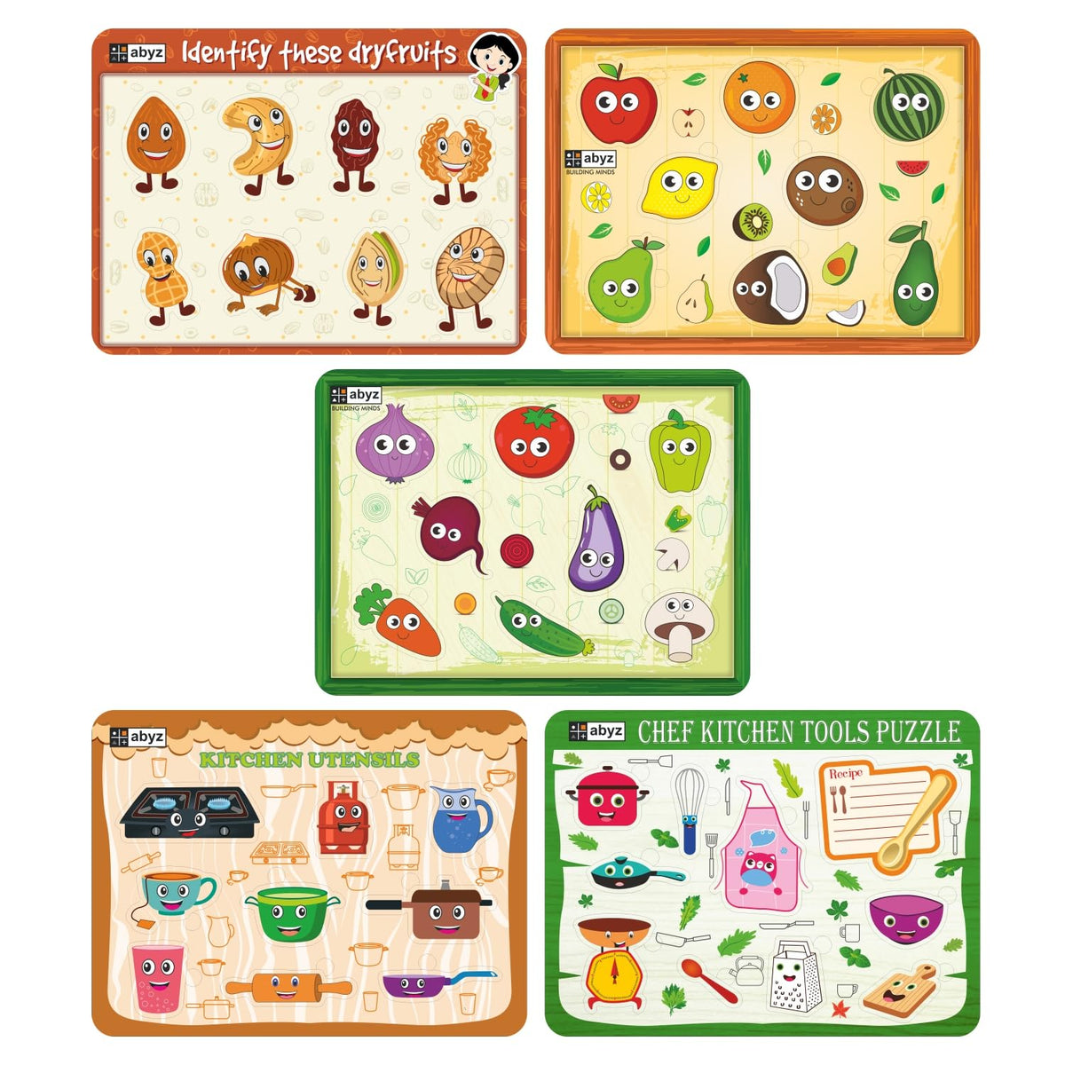 ABYZ Wooden Jigsaw Puzzle  Vegetable, Fruit, Dry Fruit, Kitchen Utensils, and Kitchen Playset for Little Explorers  Pack of 2 