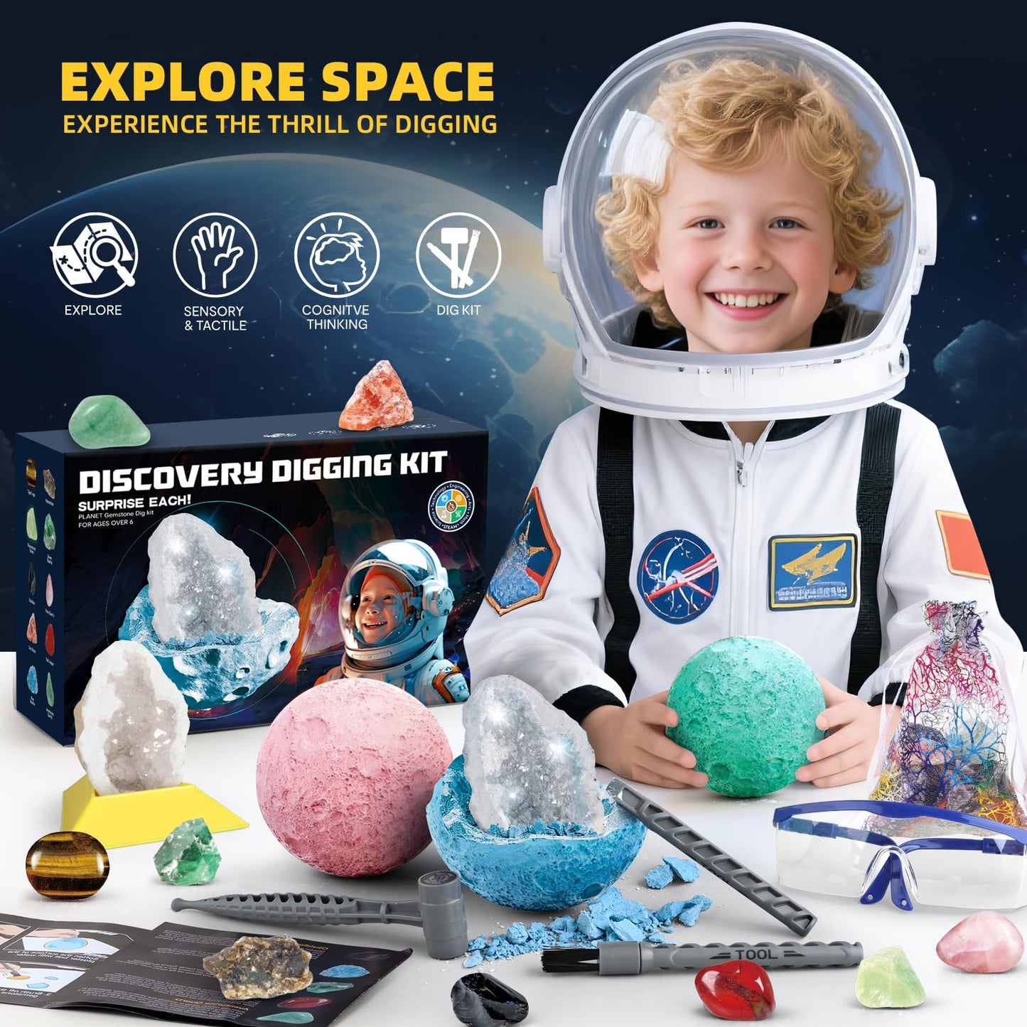 Woumserta Space Dig Kit - Gem Excavation Kit, Gemstone For Kids, Space Toys Dig Kits For Gemstone Collection, Space Planet Toys