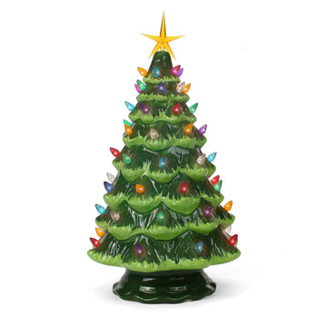 Milltown Merchants Ceramic Christmas Tree - Tabletop Christmas Tree With Lights - (15.5' Large Green Christmas Tree/Multicolored Lights) - Lighted Vintage Ceramic Tree