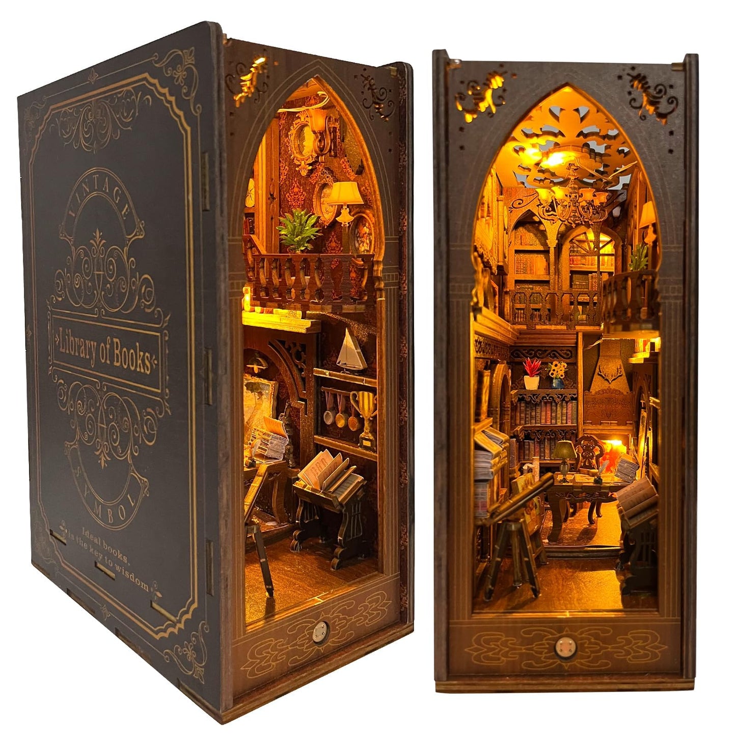 Criolpo Book Nook Kit - Diy Doll House Booknook, Book Nook Miniature Kit For Bookshelf Doll Houses For Adults Teen Halloween, 3D Wooden Puzzle Bookends With Sensor Led Light